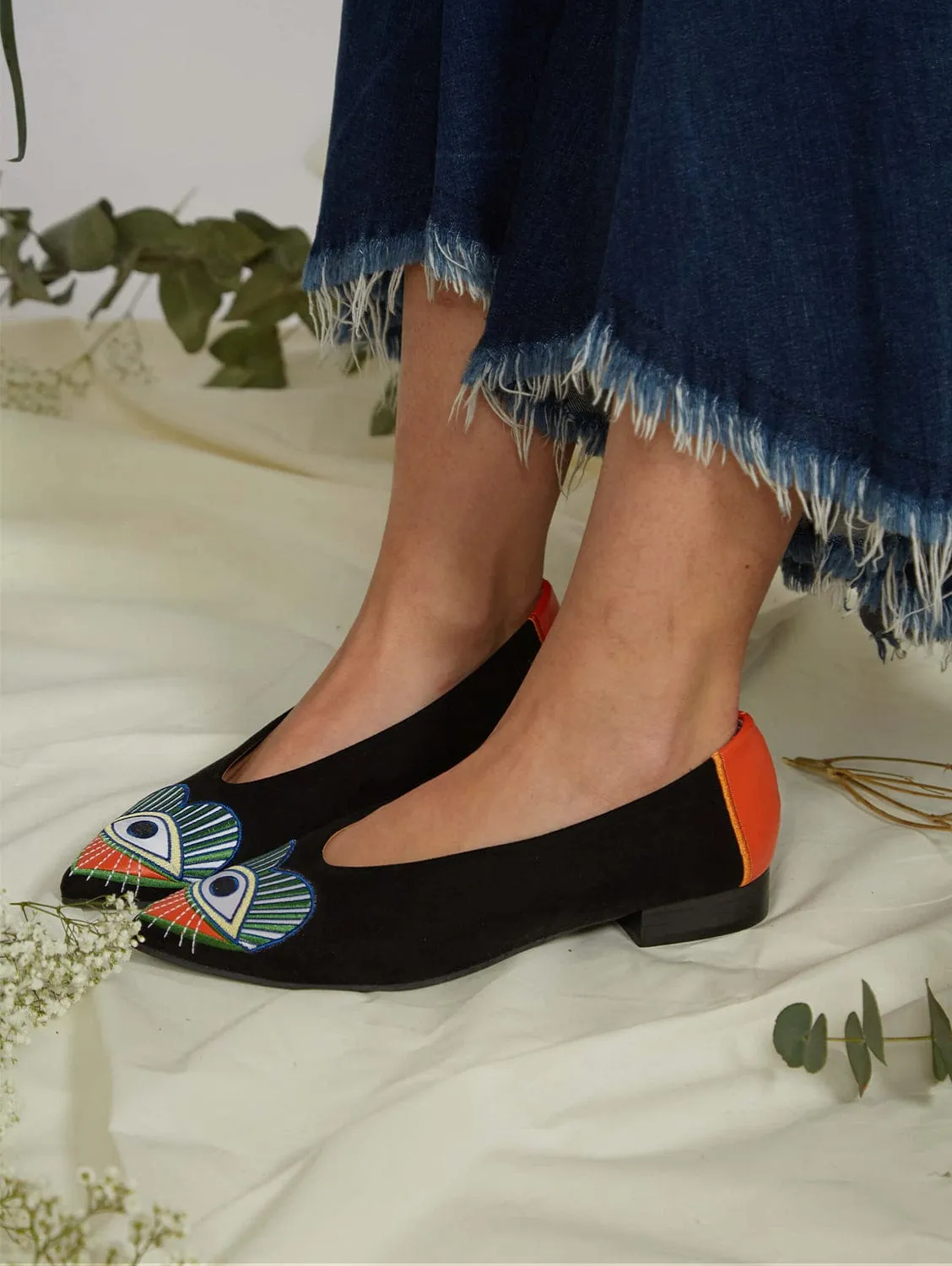 A Glance Vegan Eco Suede Embroidered Ballerinas | Black & Orange