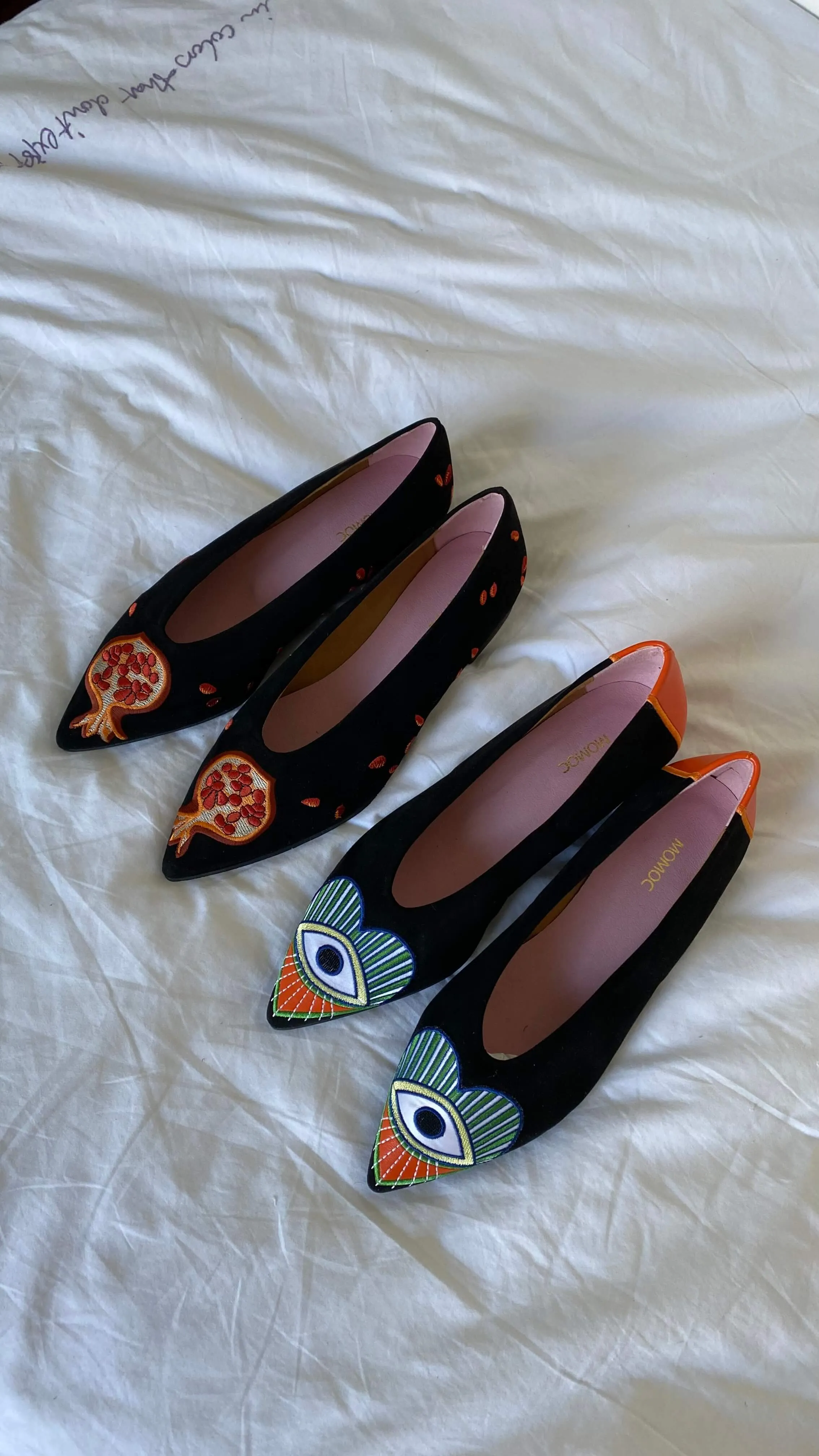 A Glance Vegan Eco Suede Embroidered Ballerinas | Black & Orange