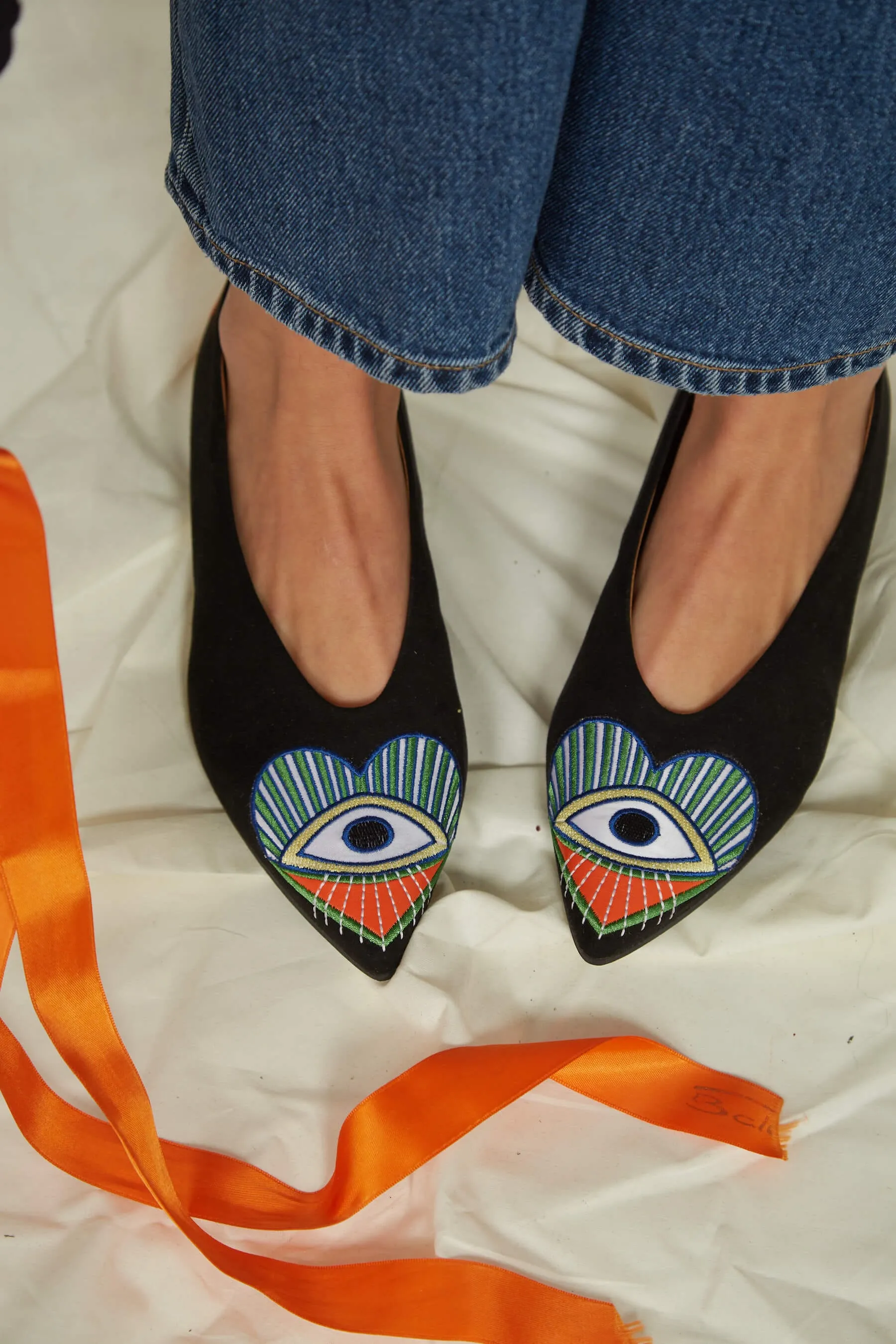 A Glance Vegan Eco Suede Embroidered Ballerinas | Black & Orange