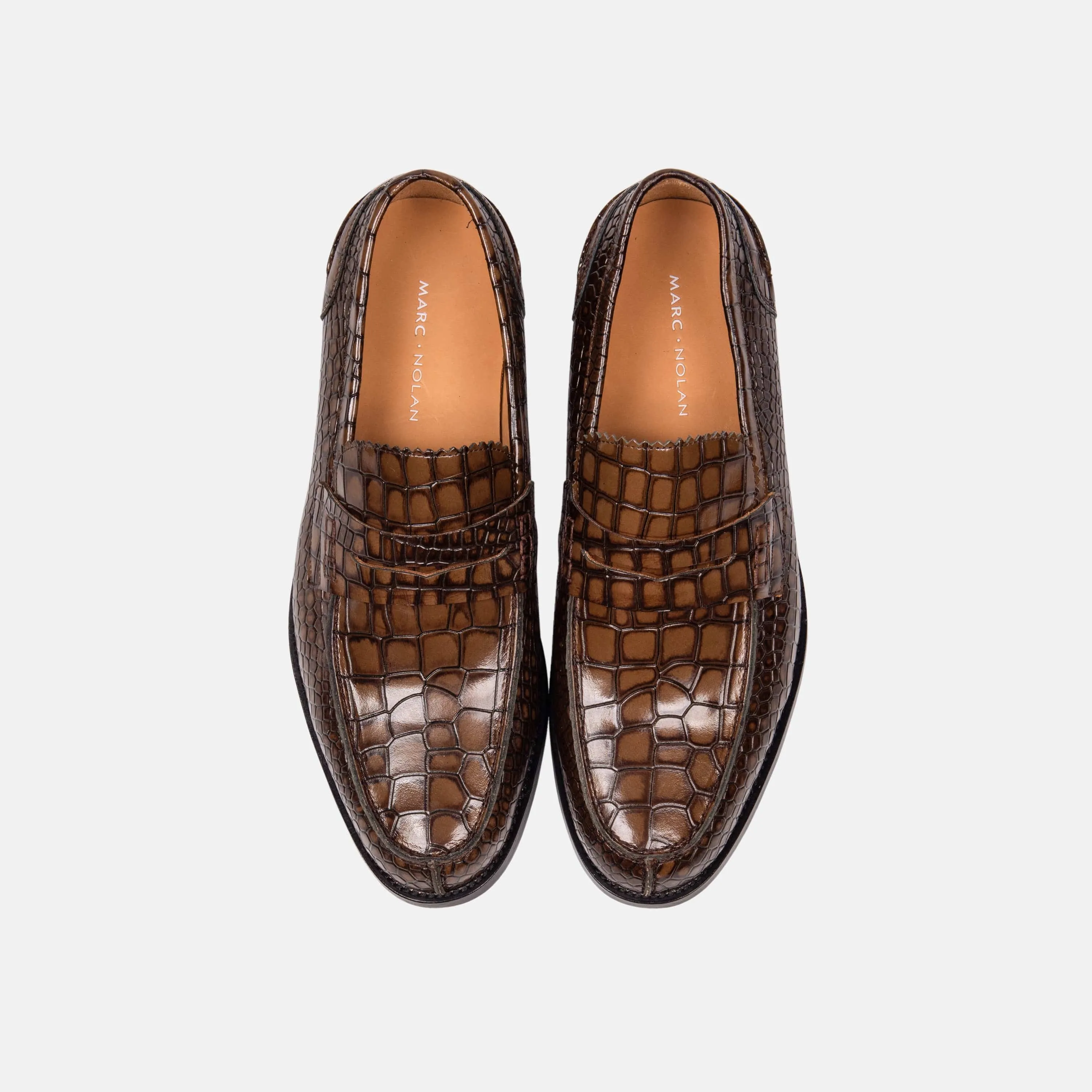 Abe Brown Crocskin Leather Penny Loafers