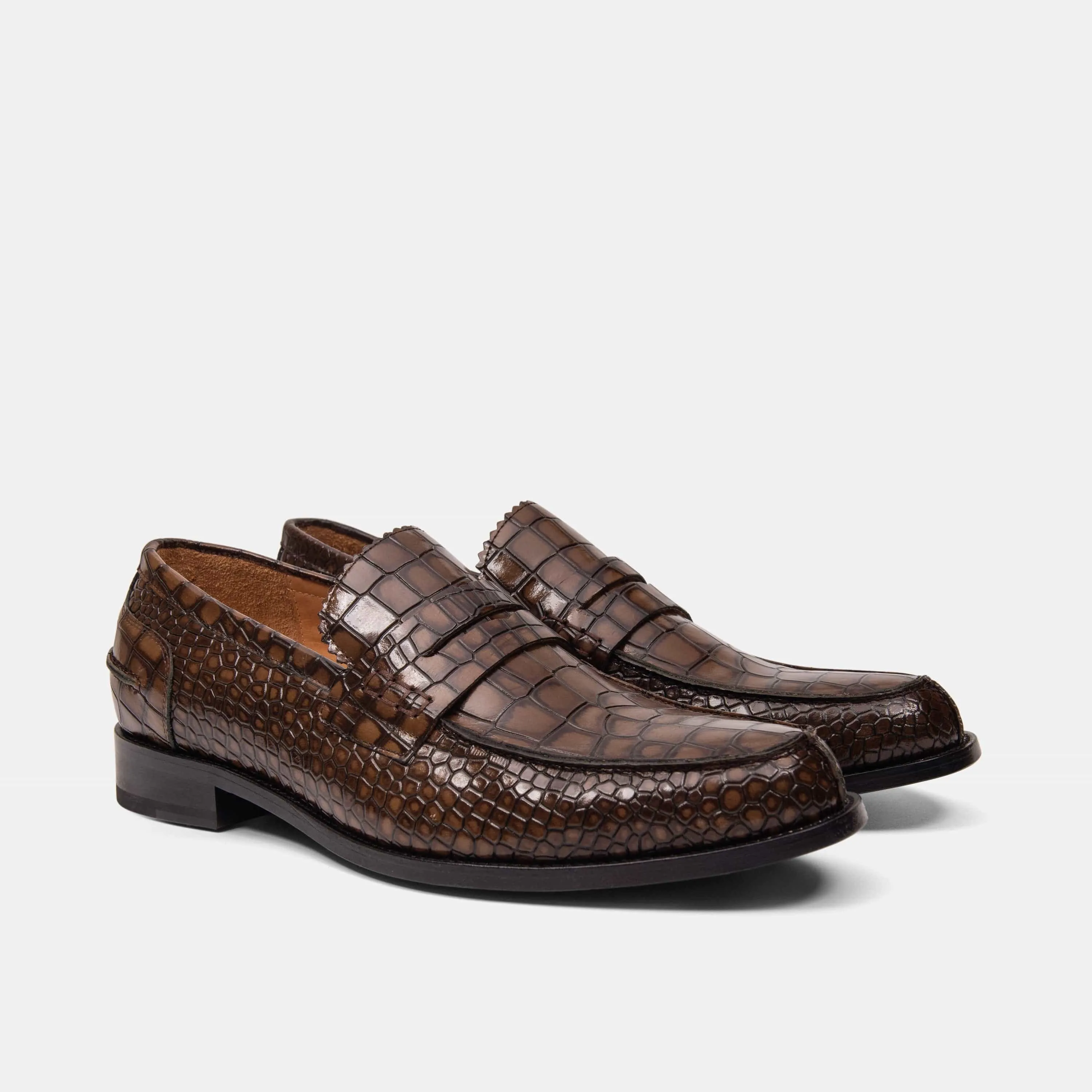 Abe Brown Crocskin Leather Penny Loafers