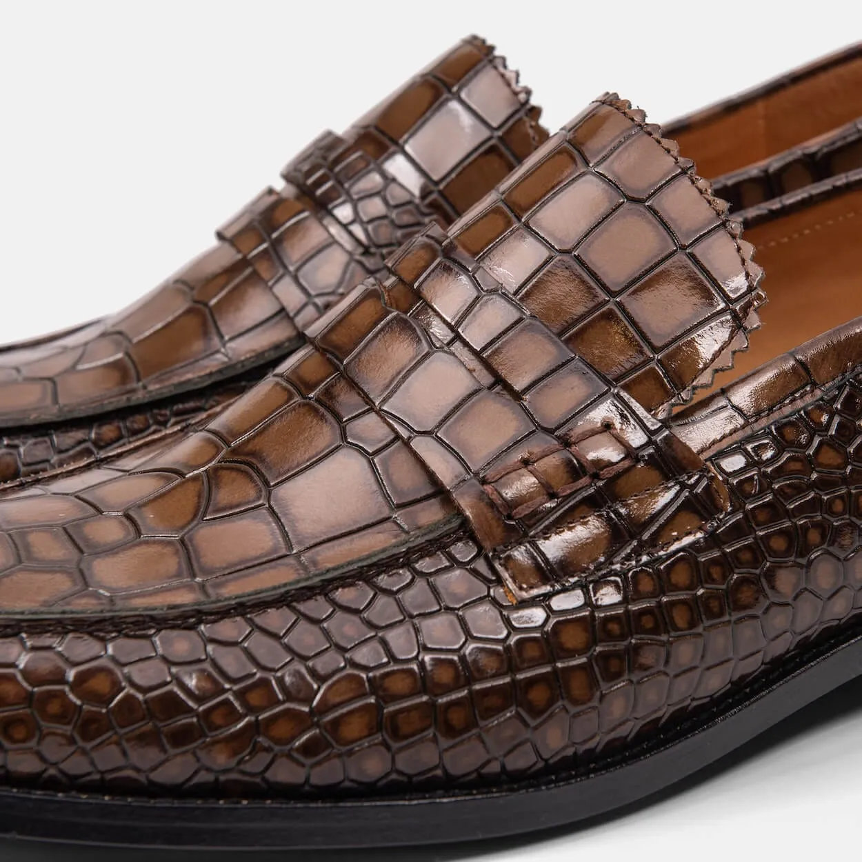 Abe Brown Crocskin Leather Penny Loafers