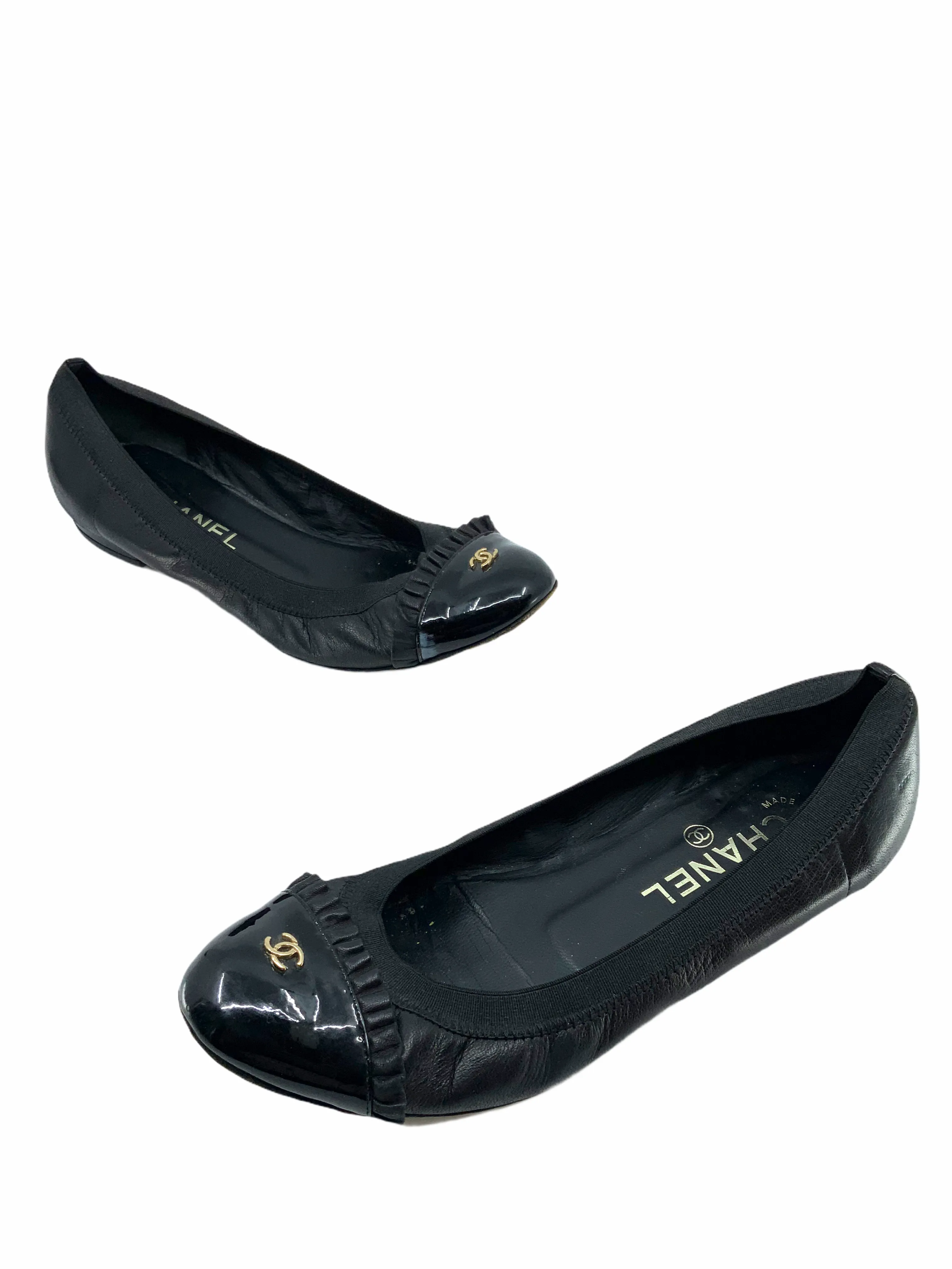 Chanel Leather and Patent Elastic Cap-Toe Spirit Flats Size 7