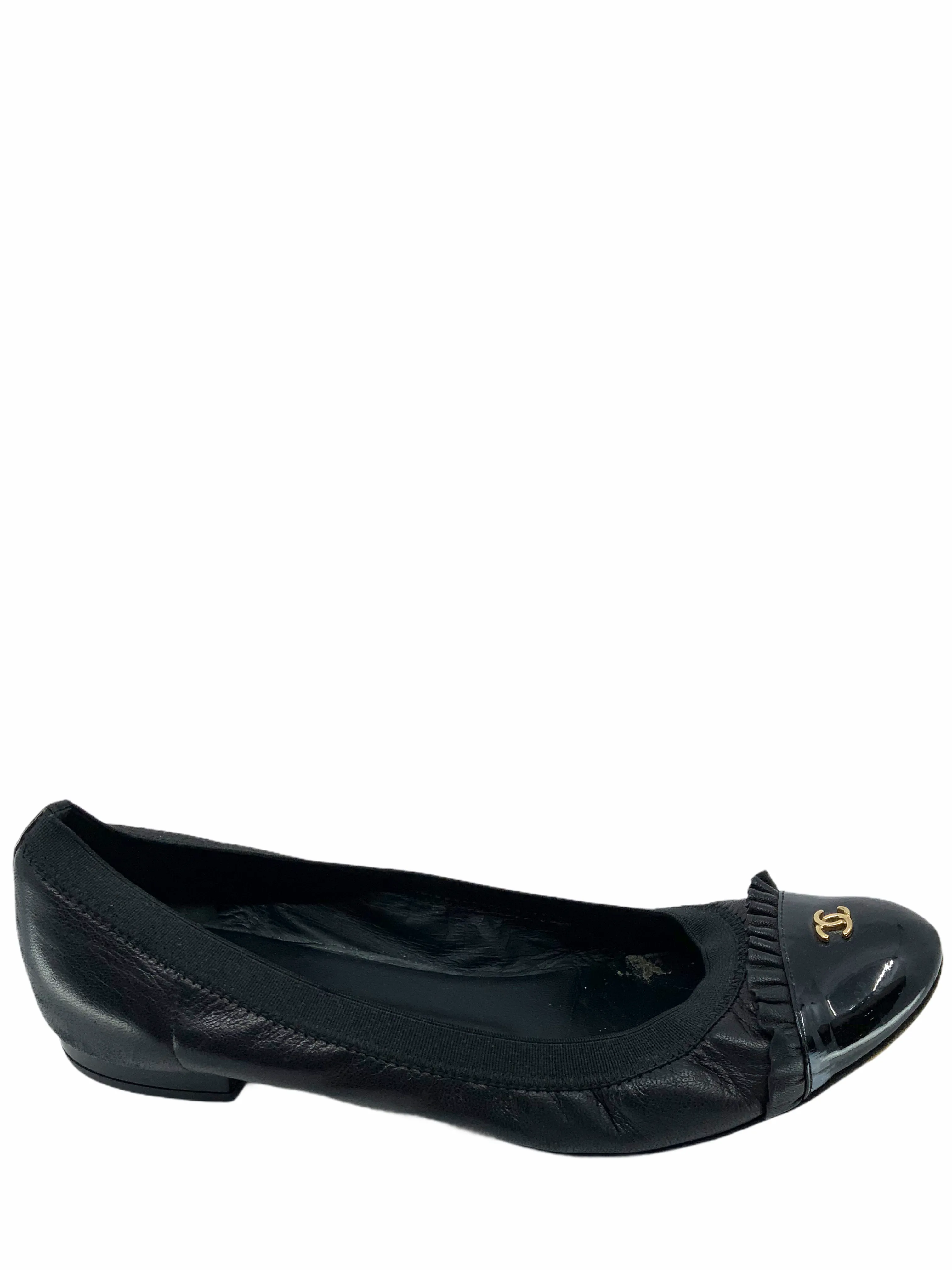 Chanel Leather and Patent Elastic Cap-Toe Spirit Flats Size 7