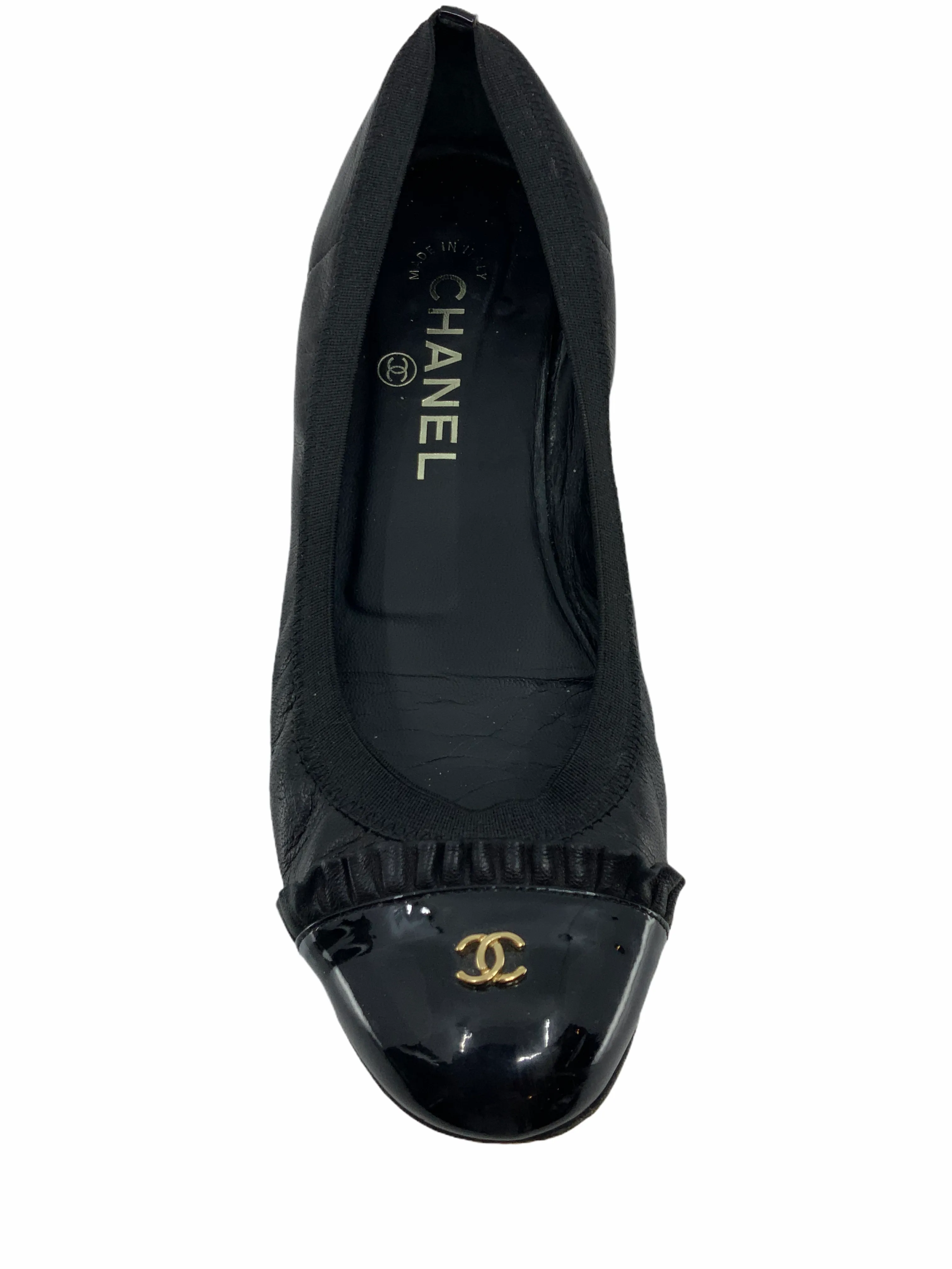 Chanel Leather and Patent Elastic Cap-Toe Spirit Flats Size 7