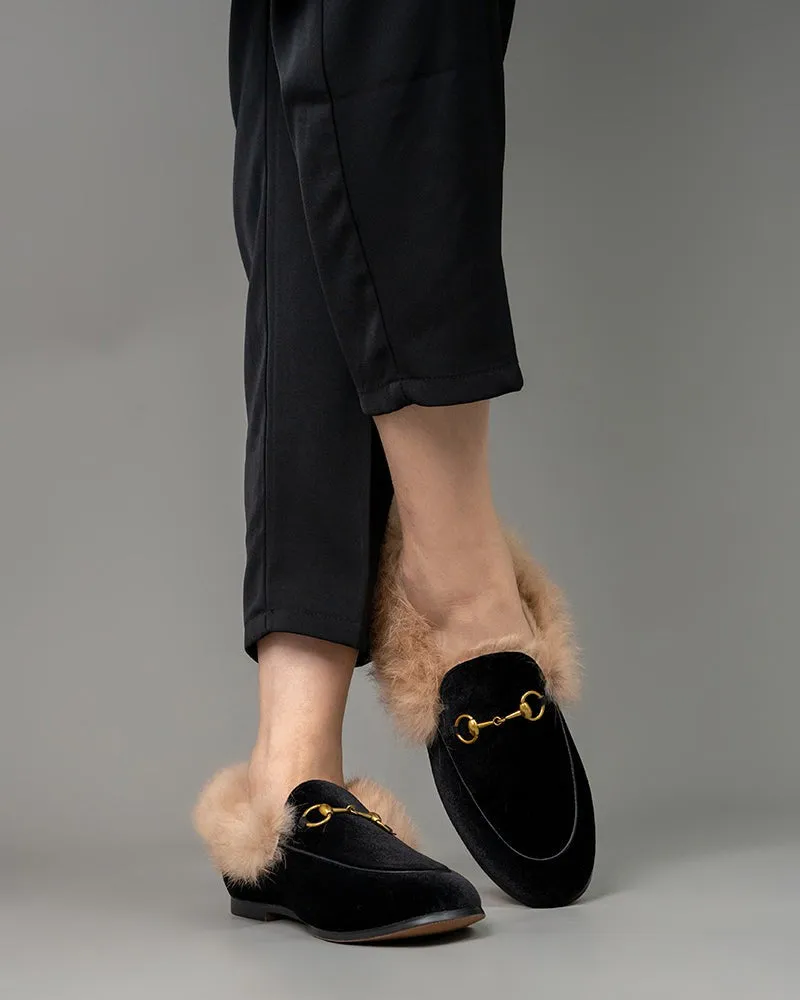 (Clean Up) Classic Horsebit Velvet Fur Flat Loafers