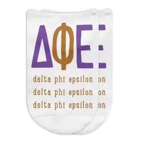 Delta Phi Epsilon Sorority Socks with Large Greek Letters, Printed on No Show Socks