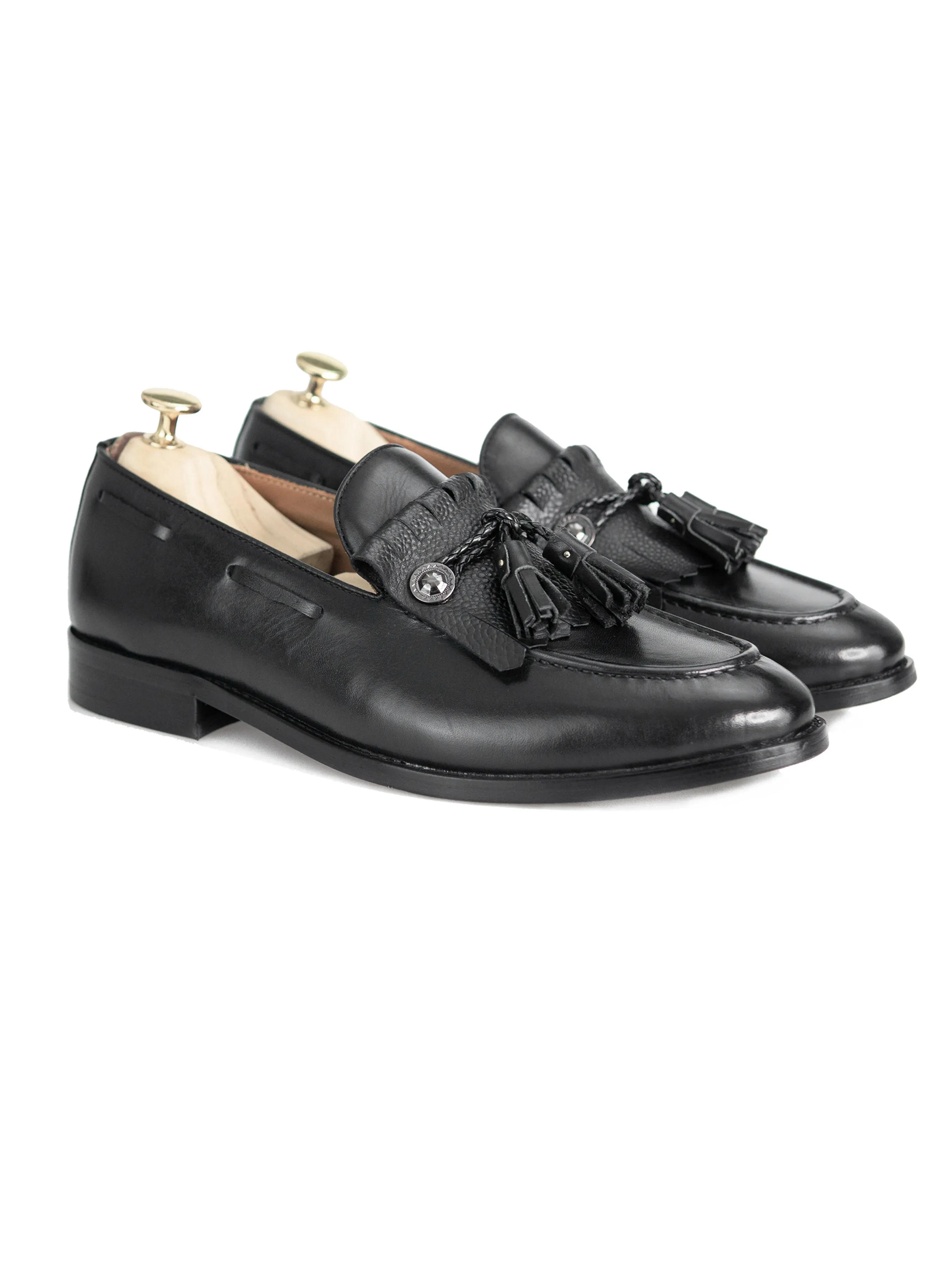 Fringe Ribbon Loafer - Black with Tassel (Hand Painted Patina)