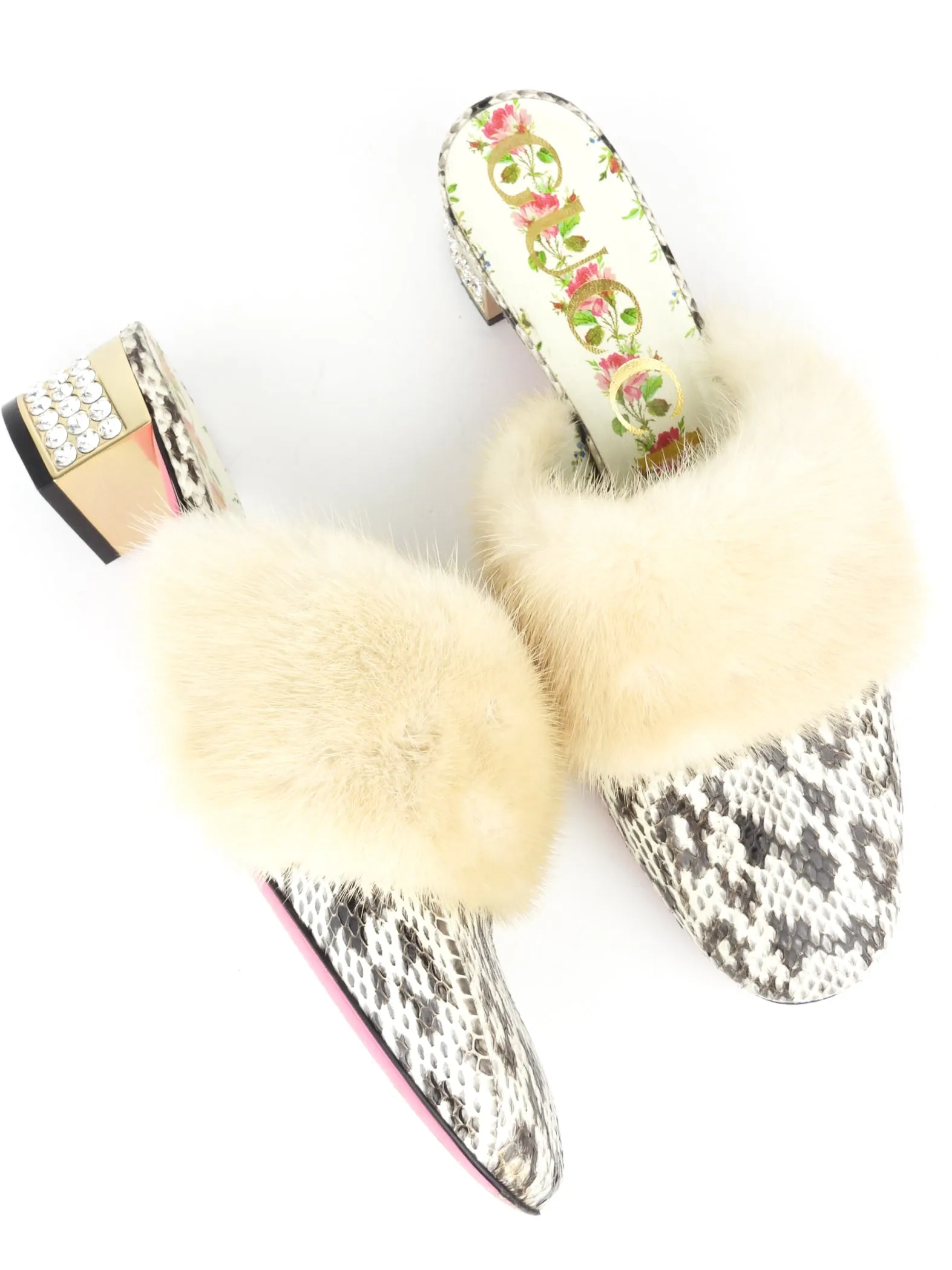 Gucci Natural Python Exotic Skin and Mink Fur Crystal Embellished Block Heel Mules - 38 IT