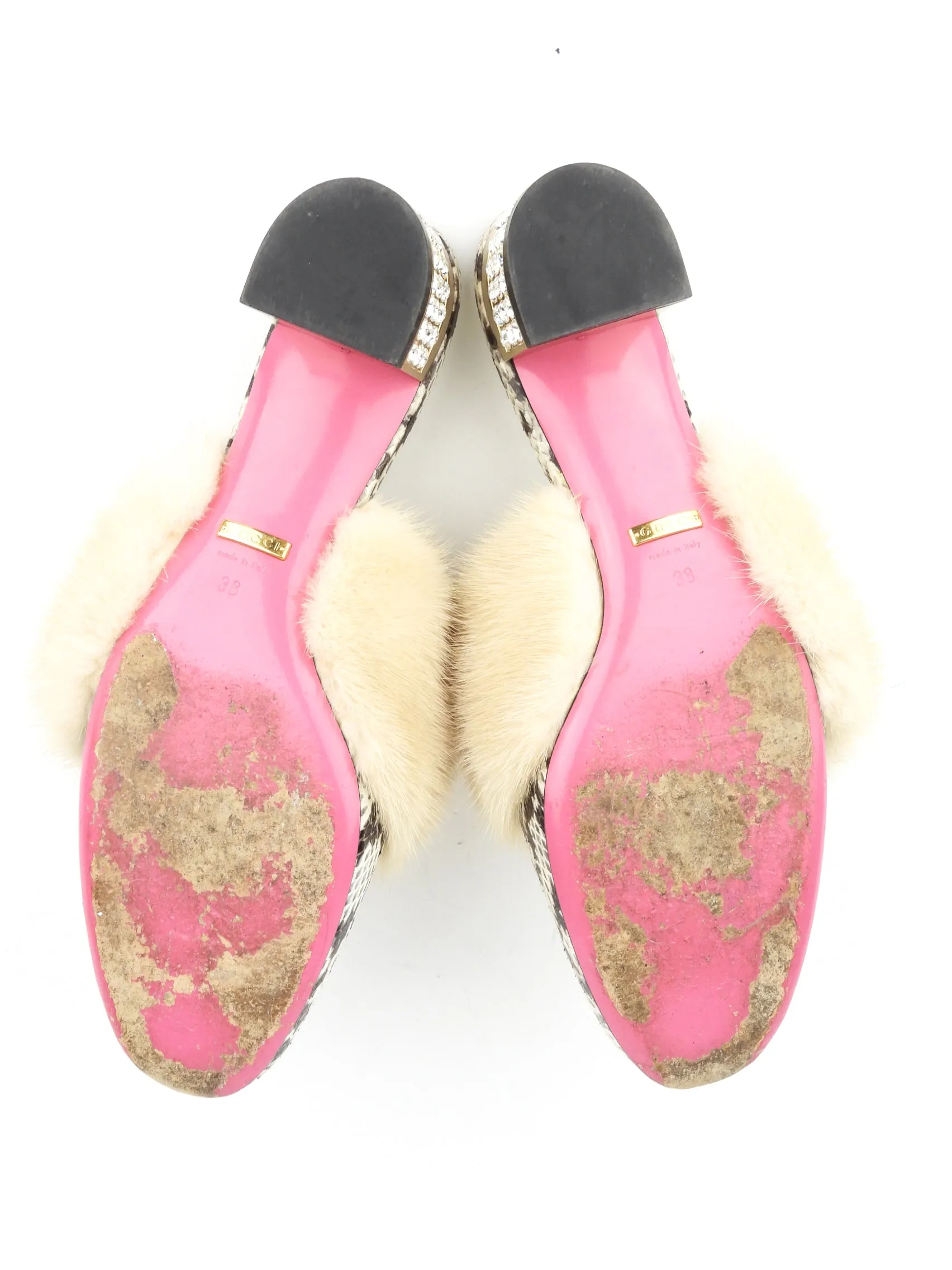 Gucci Natural Python Exotic Skin and Mink Fur Crystal Embellished Block Heel Mules - 38 IT