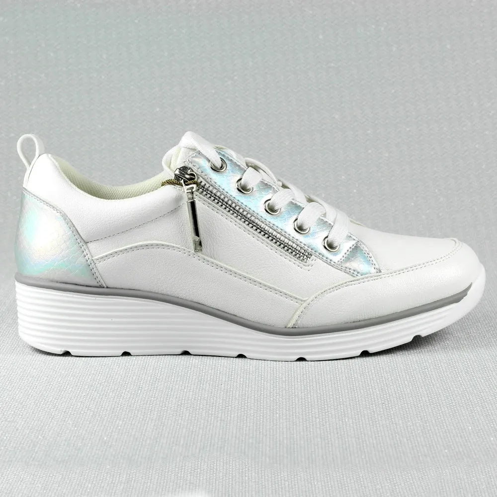 Ladies Lunar Shoes Kiley Trainer White Wedge Heel Laced Zip sale