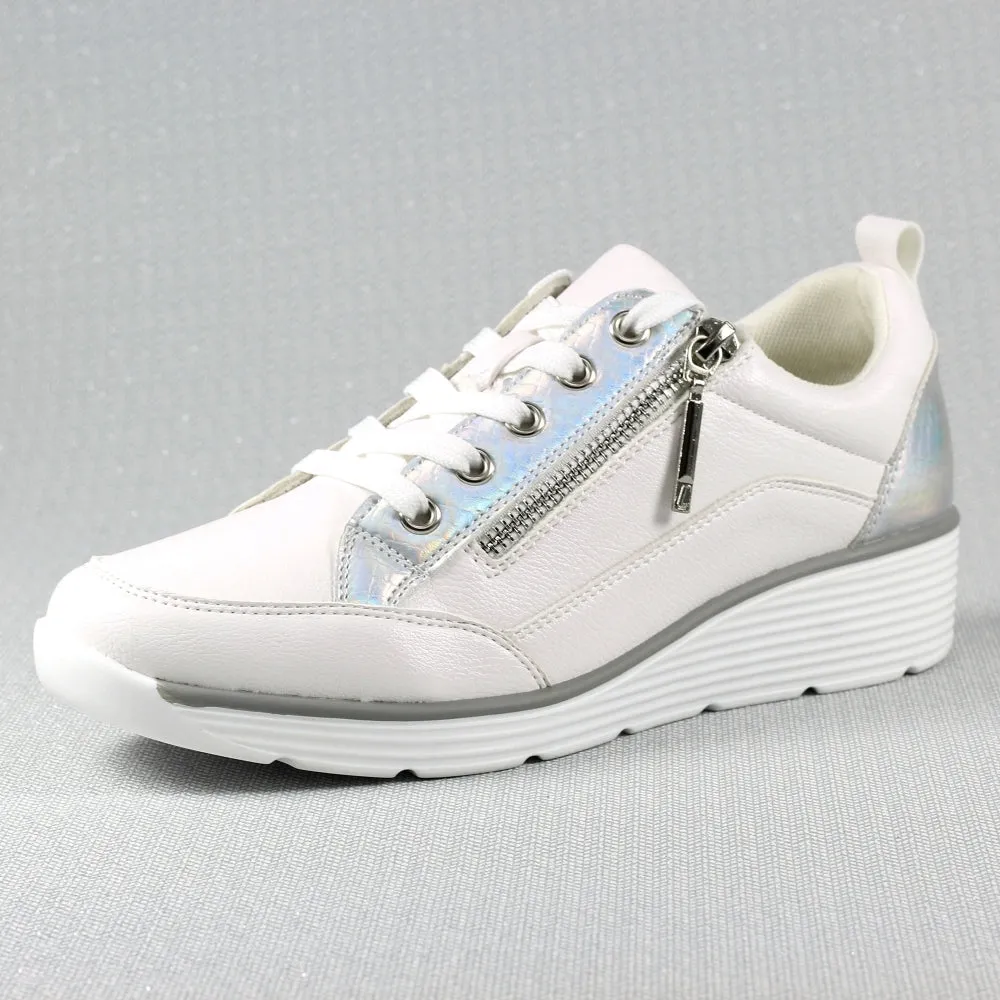 Ladies Lunar Shoes Kiley Trainer White Wedge Heel Laced Zip sale