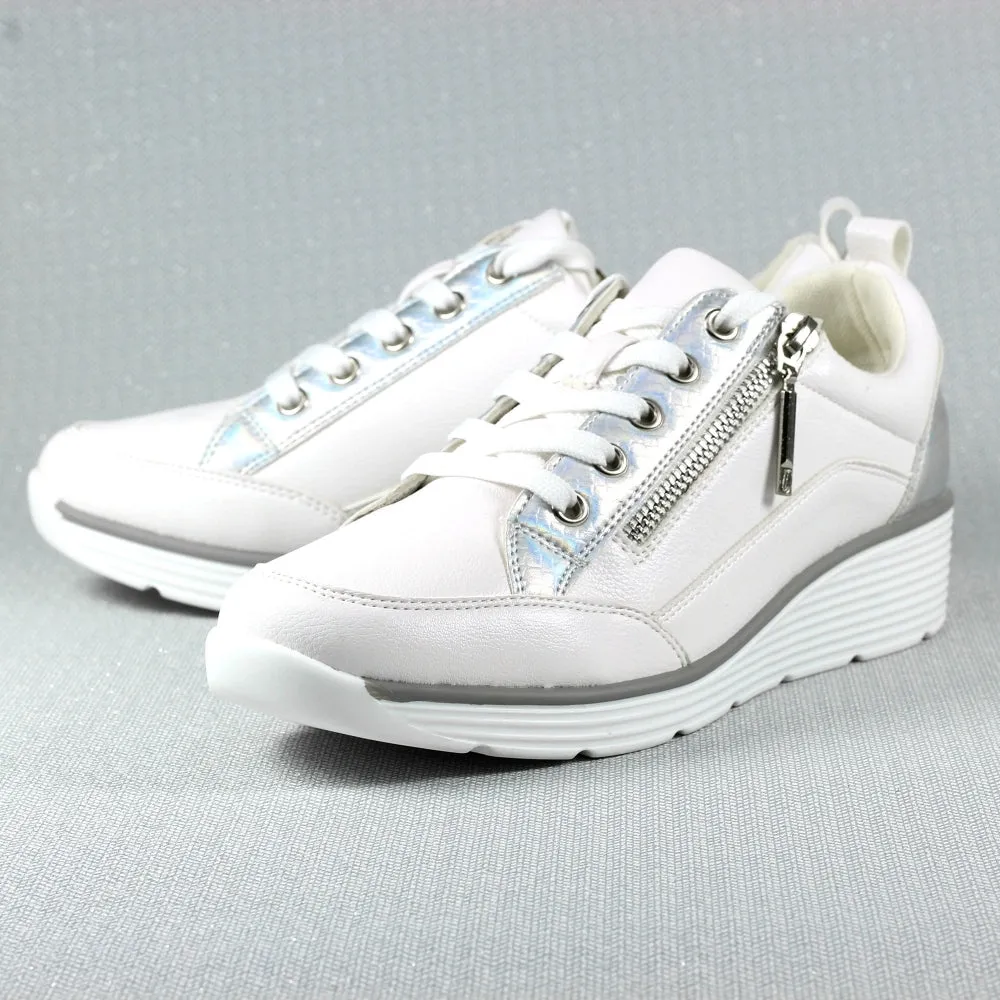 Ladies Lunar Shoes Kiley Trainer White Wedge Heel Laced Zip sale