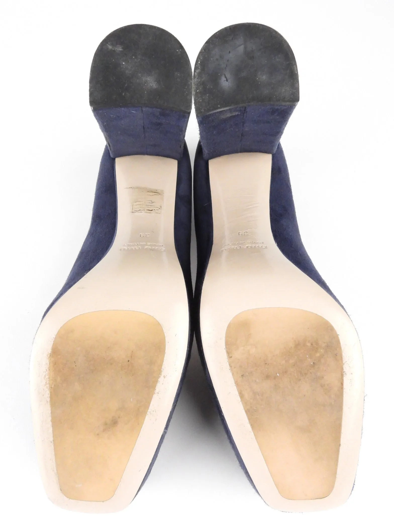 Miu Miu Navy Blue Suede Leather Square-Toe Block-Heel Platform Pumps - 39