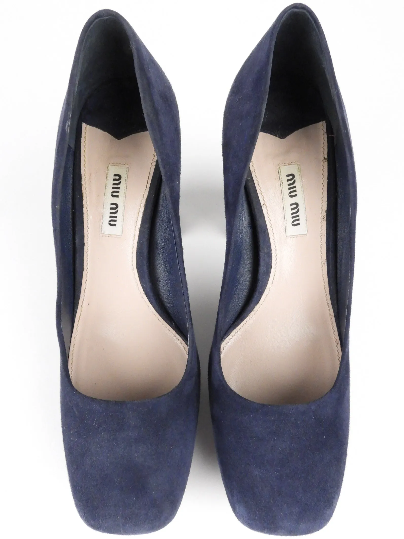 Miu Miu Navy Blue Suede Leather Square-Toe Block-Heel Platform Pumps - 39