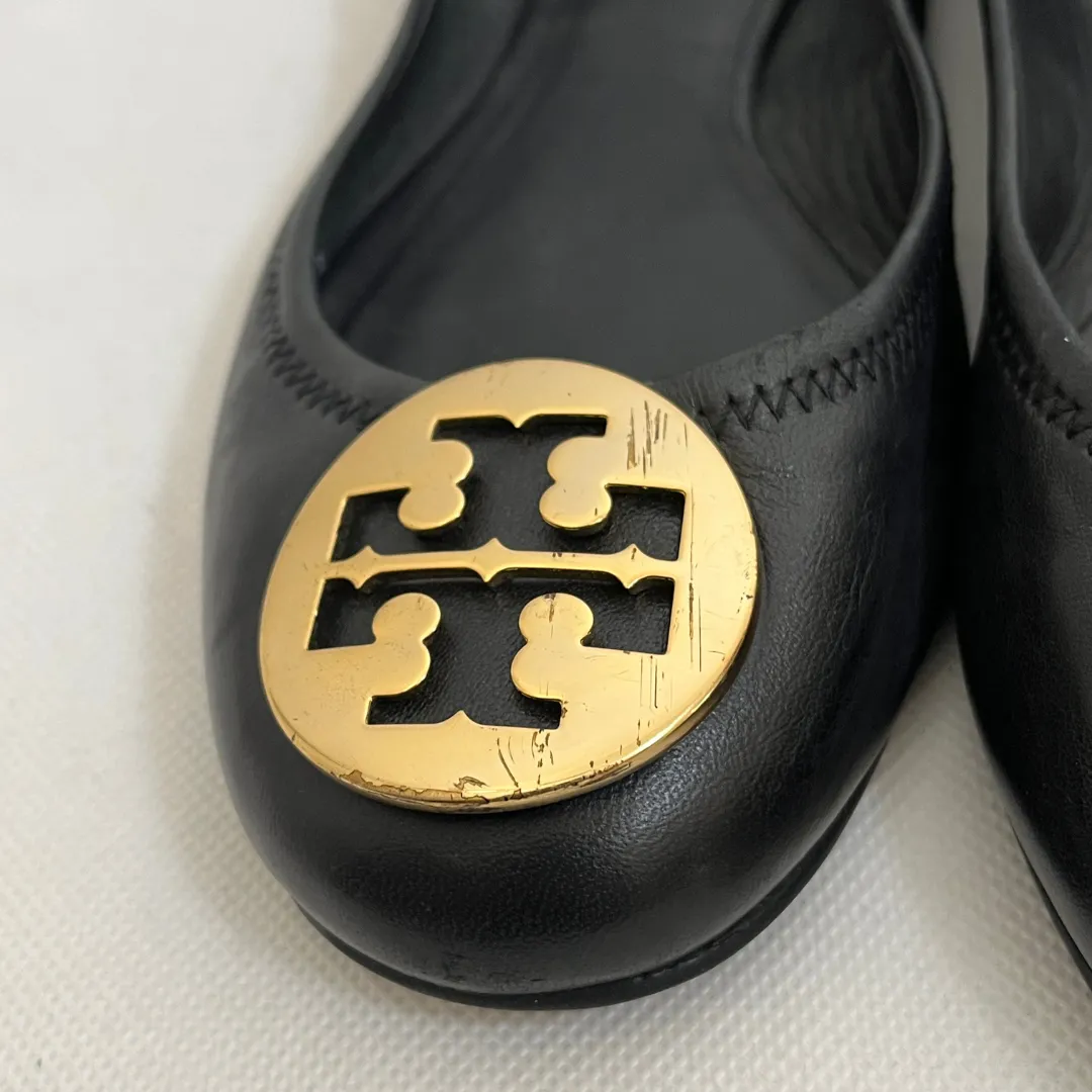 Tory Burch Black Leather 'REVA' Logo Ballet Flats | Pre Loved |